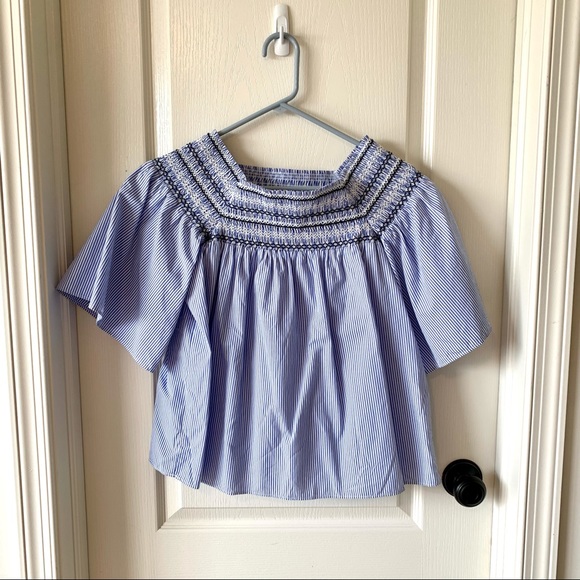 PARKER Smocked Pinstripe Off The Shoulder Top—SZ S - Picture 7 of 13